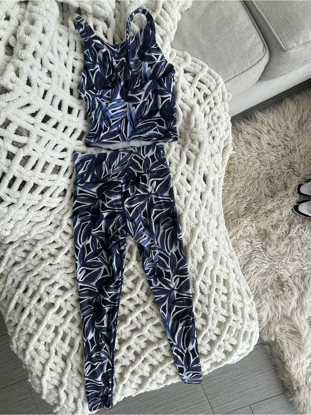 Leaf-Print Navy High-Waist Leggings & Matching Crop Tank